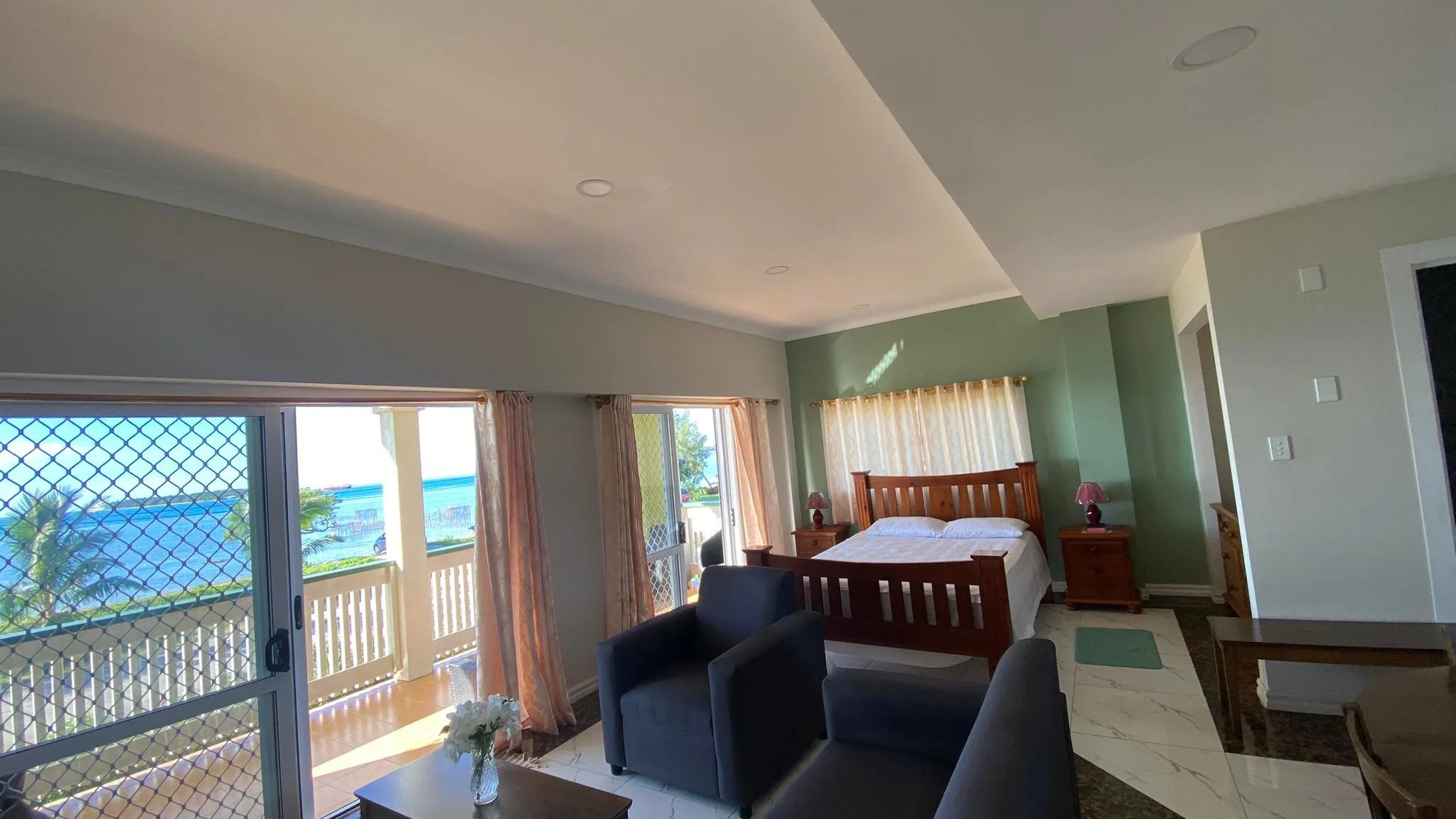 Interior and exterior view of one of the Sky Lodge Tonga's studios.