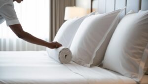 Someone making a bed 